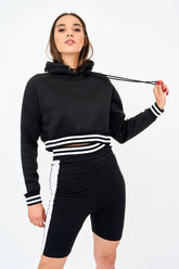 Women's Tracksuit Set Stylish Cropped Drawstring Hoodie with Panelled Design and Cycling Shorts Featuring Trendy Contrast Panels-0